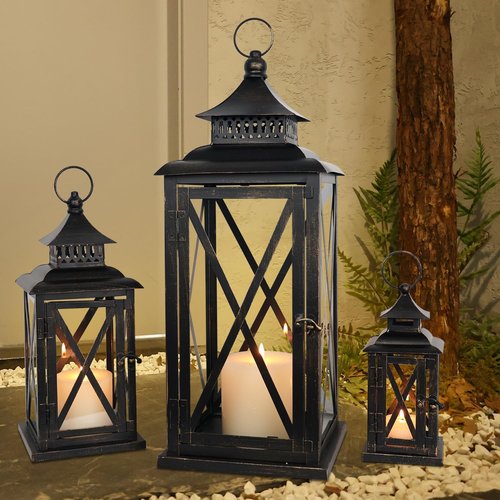**DECORKEY Lanterns - Vintage Metal Frame Candle Holders for Indoor & Outdoor Decor | 3PCS (20”, 13”, 9”)**