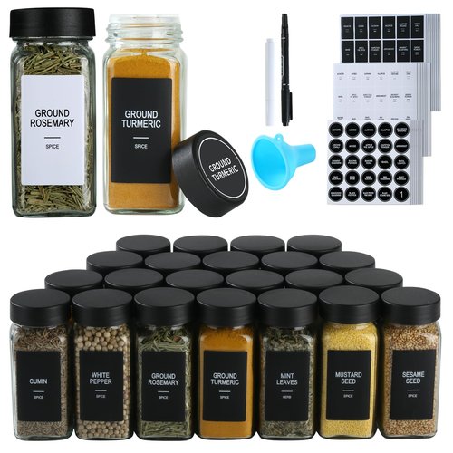 GMAMXD 36 Glass Spice Jars with Labels, Spice Jar Set, 4oz Spice Containers, Seasoning Containers with Black Airtight Lids and Shaker Lids, Square Empty Spice Bottles, 492 Labels, 1 Funnel