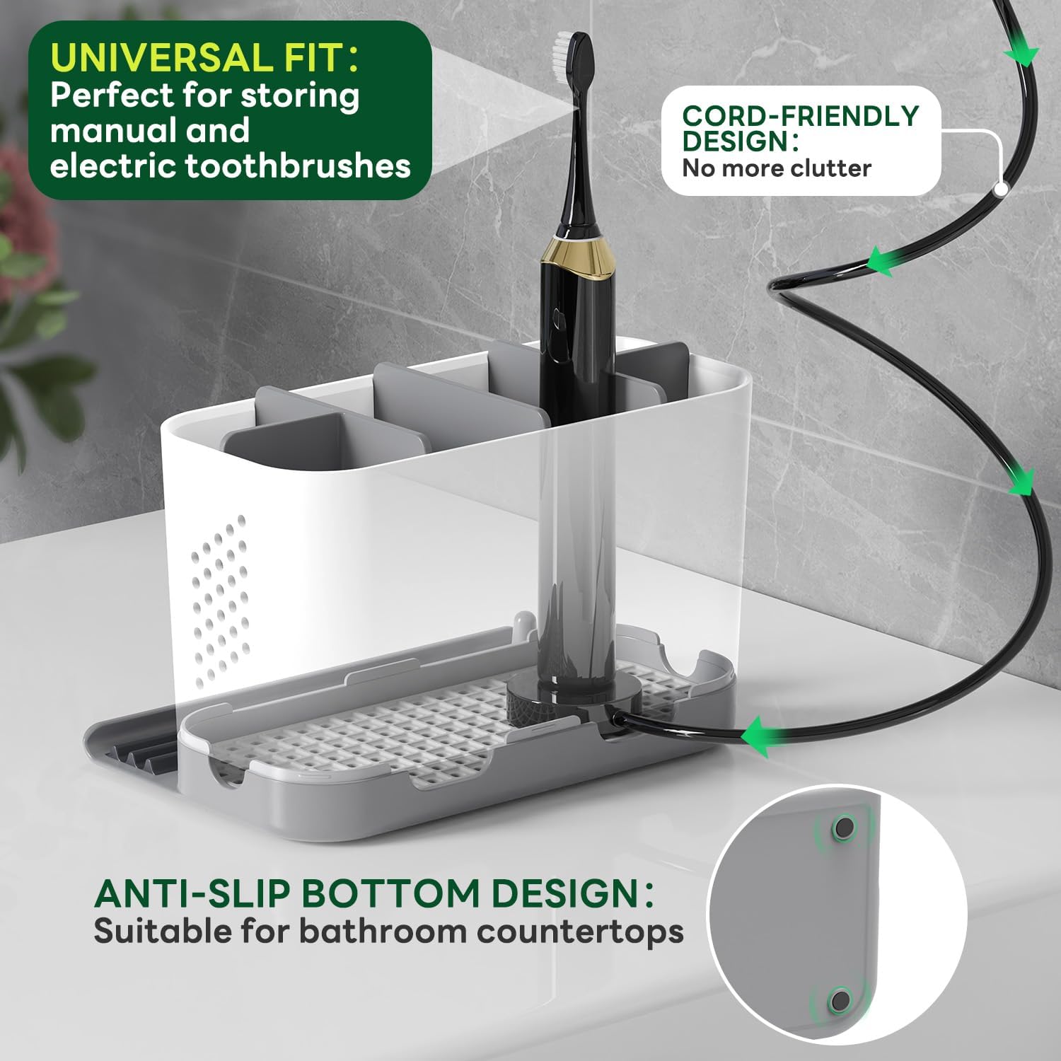 Skiennix Adjustable 6-Slot Toothbrush Holder - Cord-Friendly Bathroom Organizer with Phone Ledge