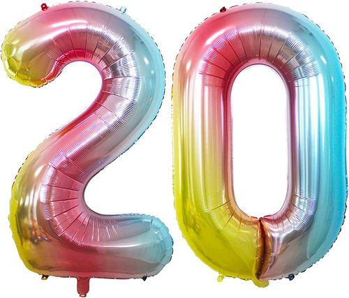 GOER 20th Birthday Balloons - 42 Inch Jumbo Rainbow Foil Helium Decorations for Anniversary