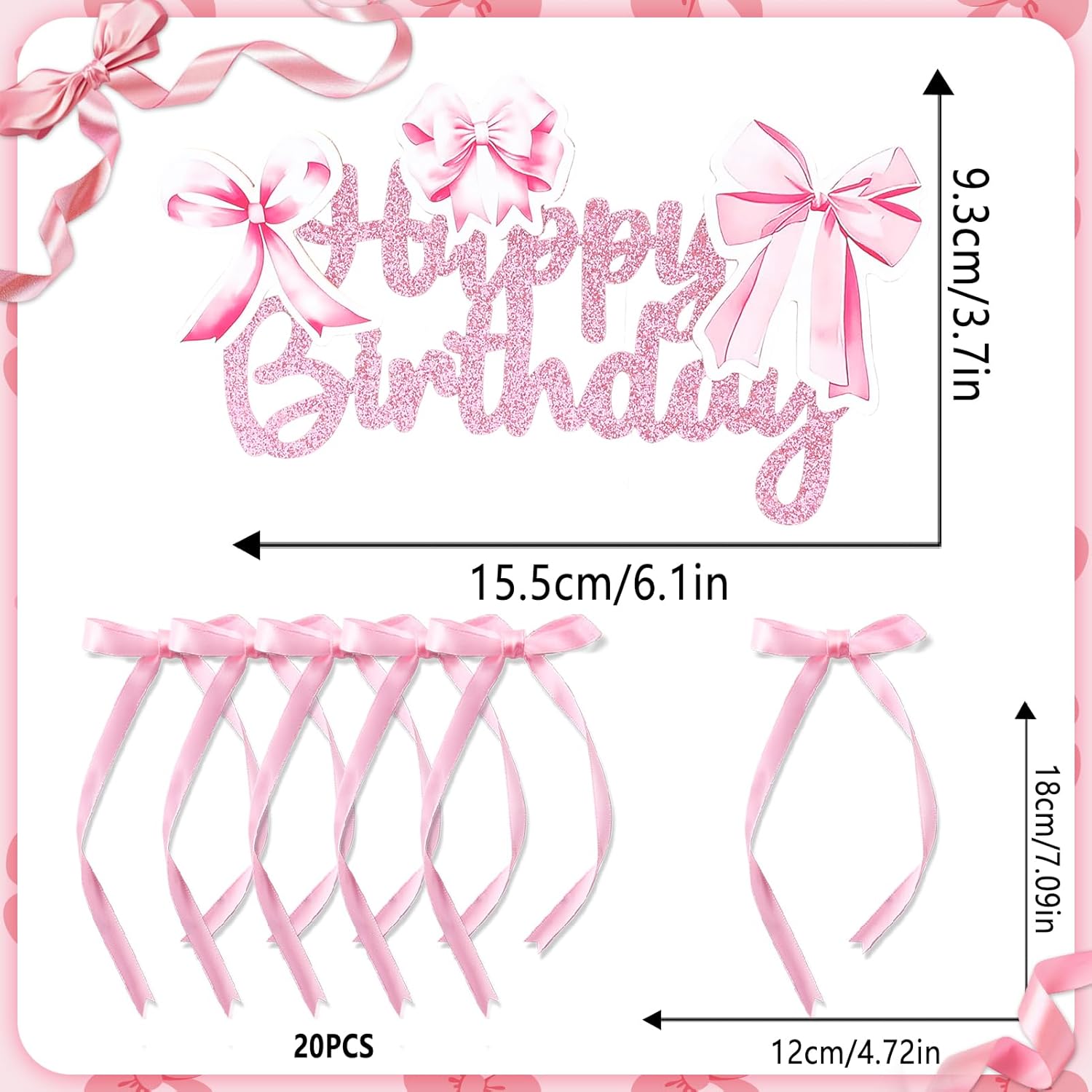Tmtains 21Pcs Pink Bow Cake Toppers - Glitter Happy Birthday Sign & Cute Party Decorations