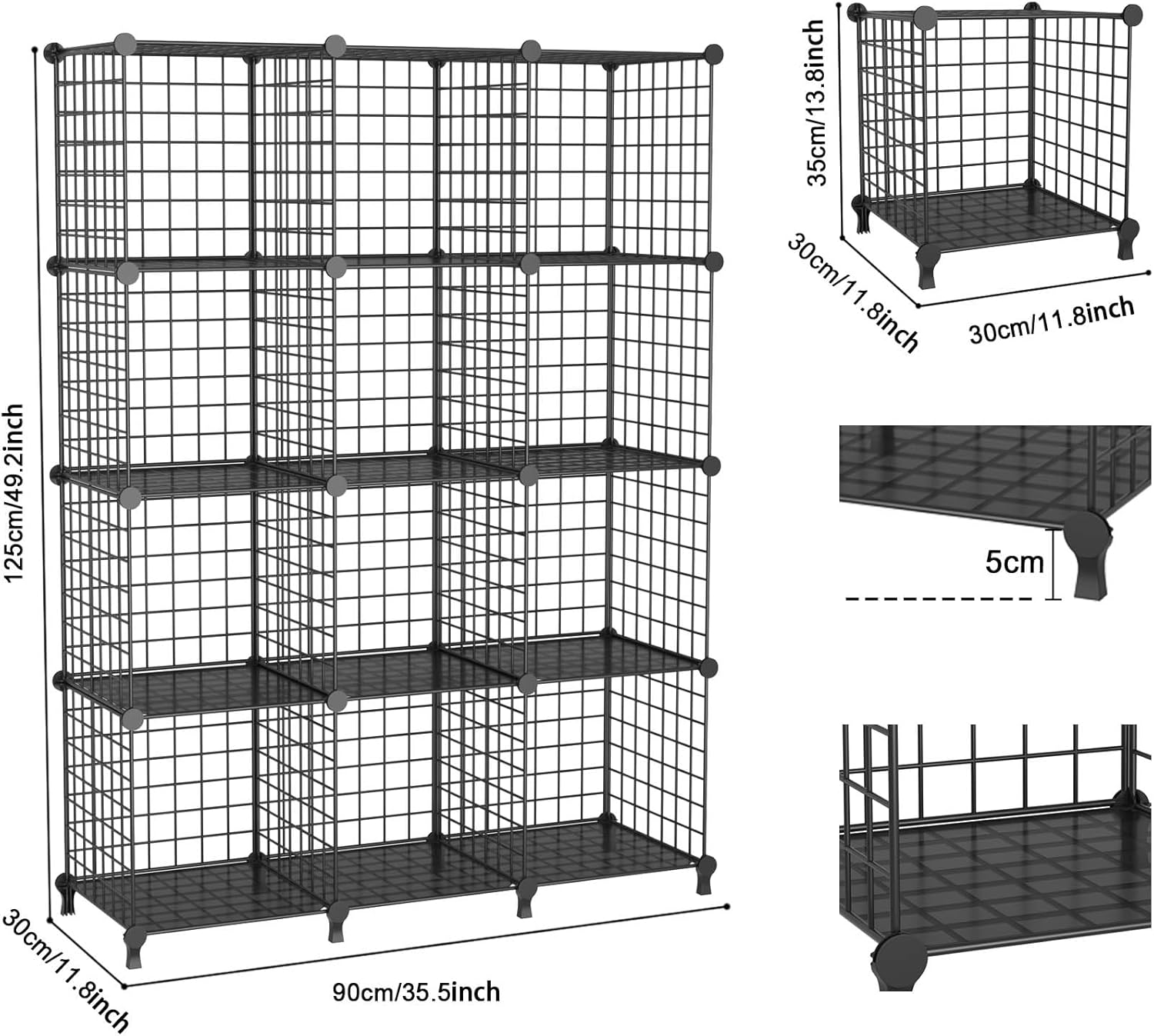 ATTJL12B 12-Cube Storage Organizer - Modular Metal Wire Shelving Unit | 11.8" L x 11.8" W x 11.8" H, Black