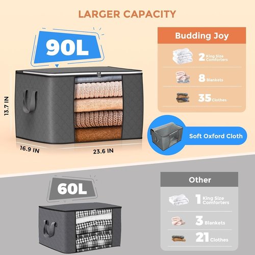 Budding Joy 90L Large Storage Bags - 6 Pack Foldable Closet Organizers & 2 Pack Clear Shoe Organizers