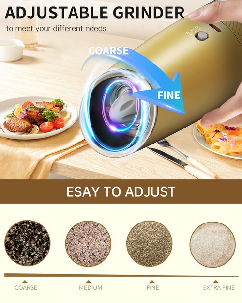CIRCLE JOY Gravity Electric Salt and Pepper Grinder Set with 2-Speed, Rechargeable Salt and Pepper Grinder Set, Adjustable Coarseness, Whiet LED Light