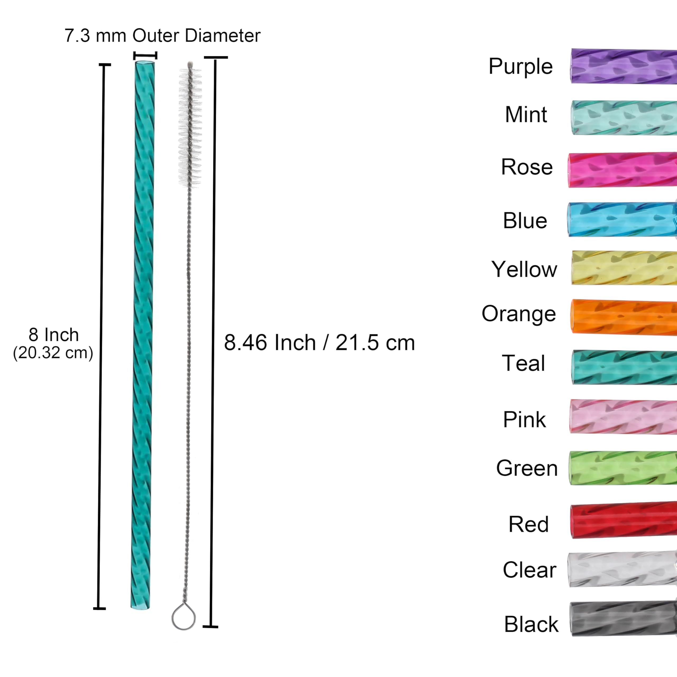 Dakoufish 24Pcs Replacement Plastic Swirl Straws for 12oz 14oz Mason Jar Tumblers,8 Inch Reusable Crystal Straws With 2 Cleaning Brush (8inch,mix12color)