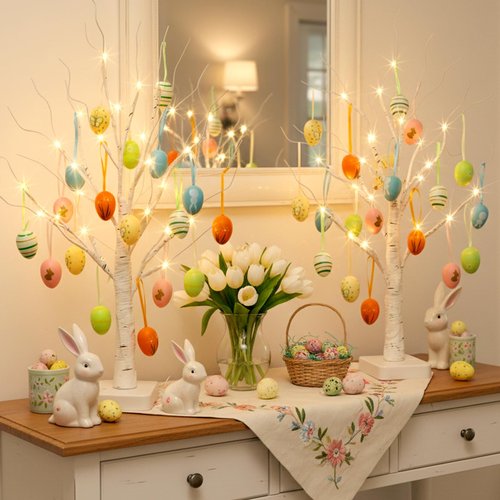 EAMBRITE Easter Decorations, Easter Egg Tree with 36 pcs Eggs Ornaments, Lighted White Birch Tree with Timer Battery Powered, for Home Tabletop Centerpiece Spring Indoor Decorations (2 Pack 24 LED)