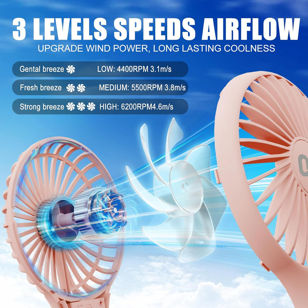 QQT Mini Handheld Fan - Portable USB Rechargeable Personal Fan with 3 Speeds | Strong Airflow for Travel & Outdoor (Pink)