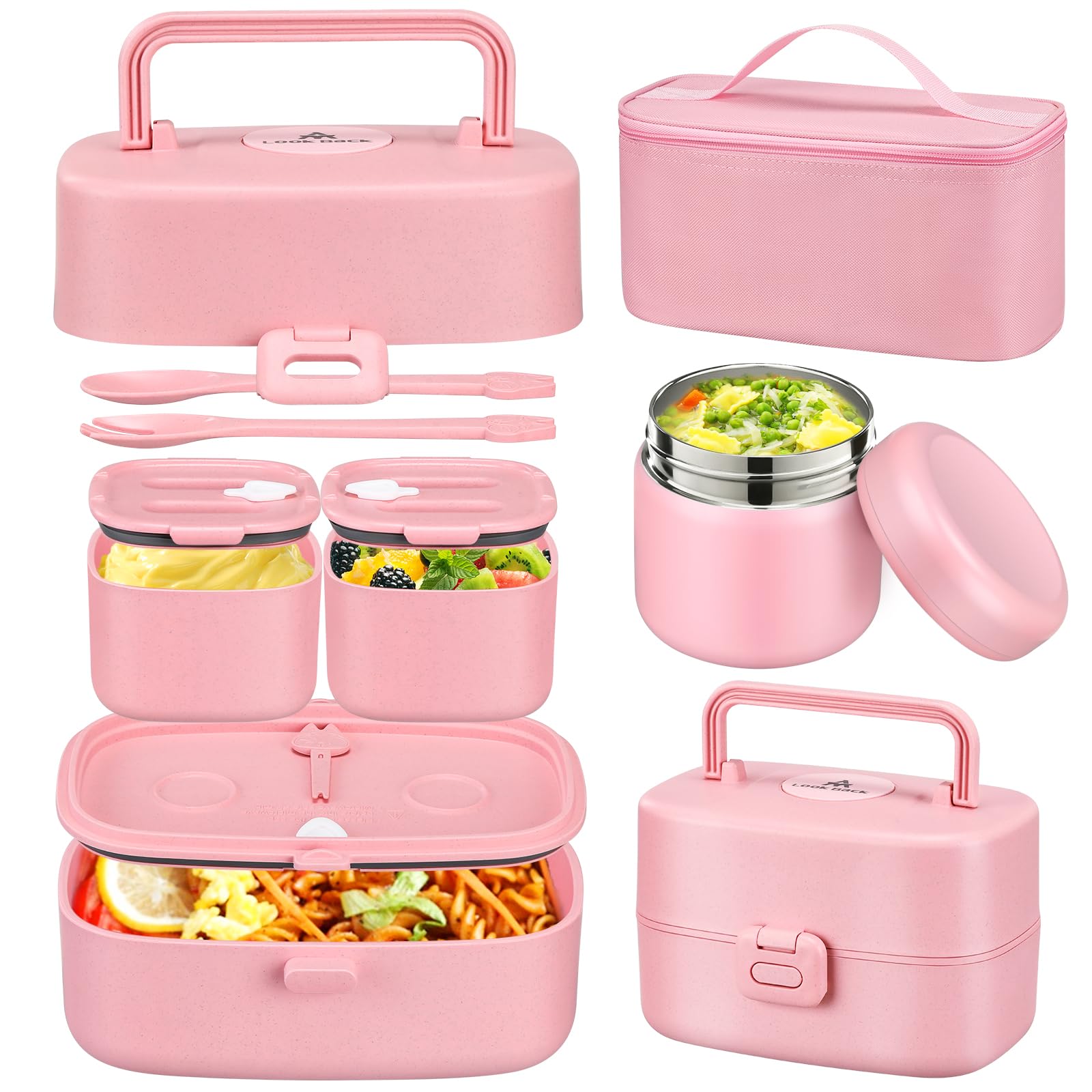 Bento Lunch Box for Kids with 8oz Soup Thermo,2 Leak-Proof Food Containers, a Lunch Bag, Kids Thermo Insulated Hot Food Jar for School, Travel-Pink
