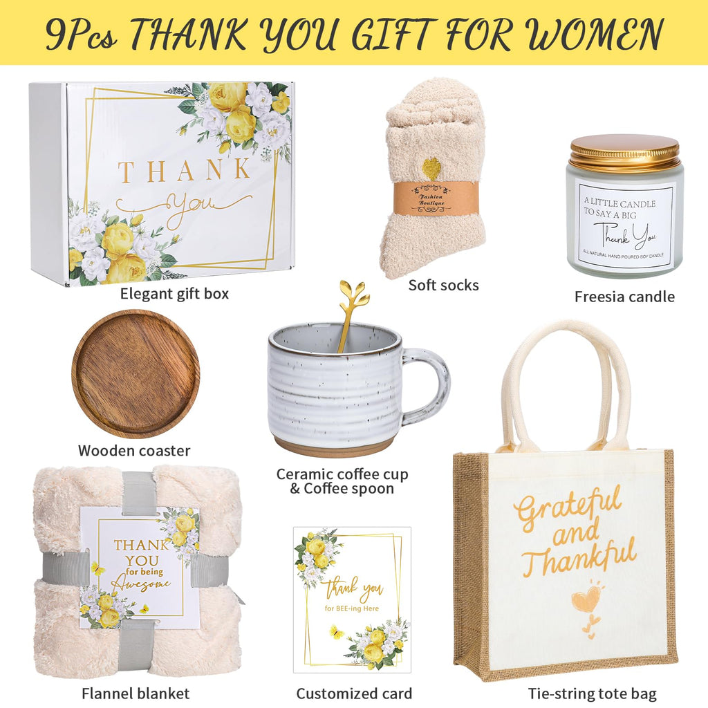 Thank You Gifts for Women ,Appreciation Gift Box with Blanket, Mug with Lid and Spoon, Soy Candle, Fuzzy Socks, Tote Bag, Card ,Boss, Birthday, Nurse, Teacher, Coworker, Mom, Best Friend