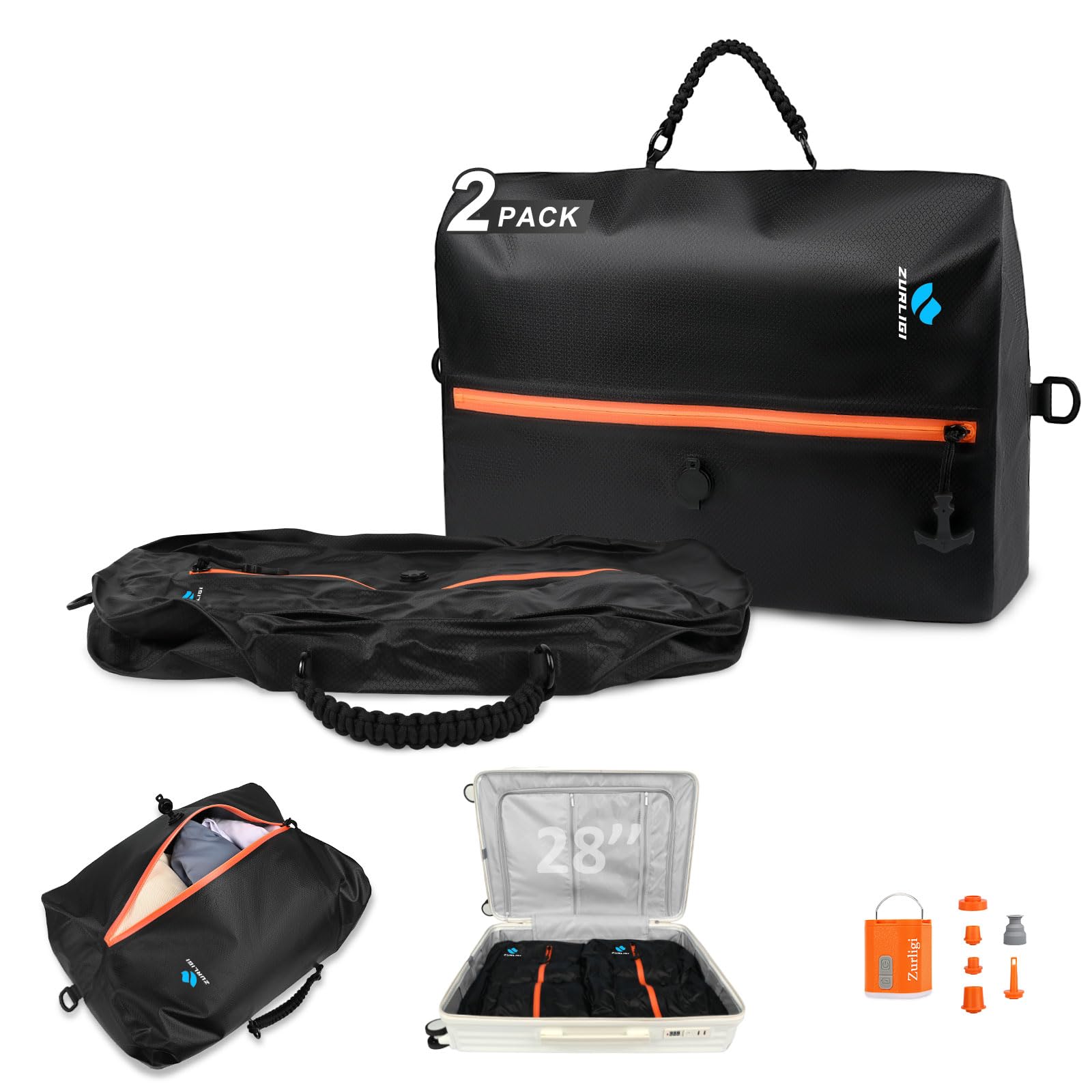 Zurligi Travel Vacuum Compression Bags with Removable Handle & Mini Pump – 39L Reusable IPX8 Waterproof Vacuum Packing Cubes, Vacuum Seal Bags for Clothes, Suitcase & Backpack(2-Pack Black)