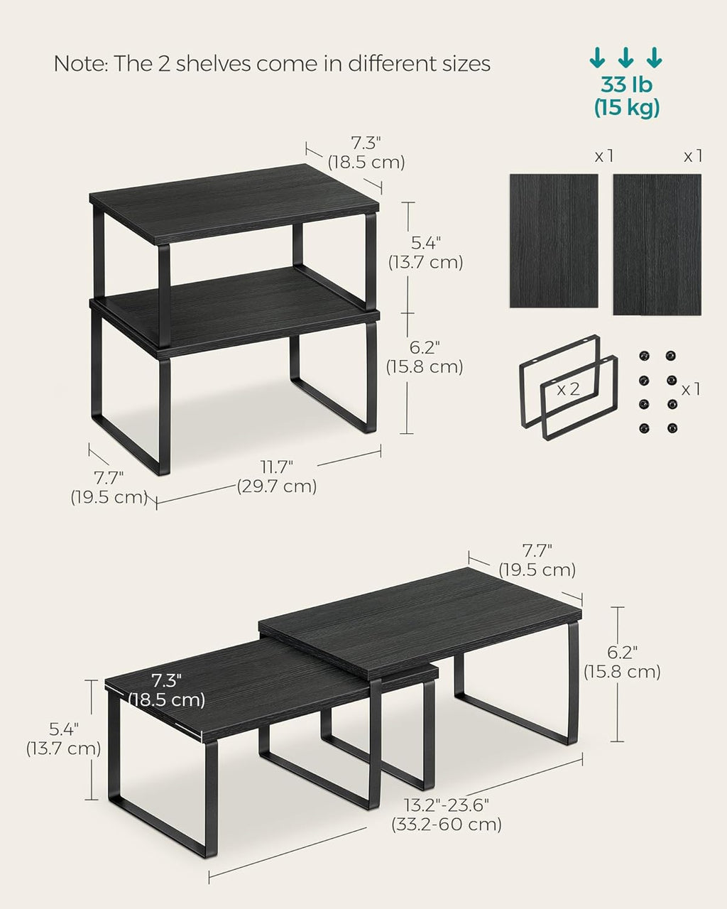SONGMICS Kitchen Organizer Shelves - Set of 4 Stackable & Expandable Spice Racks | Ink Black & Ebony Black