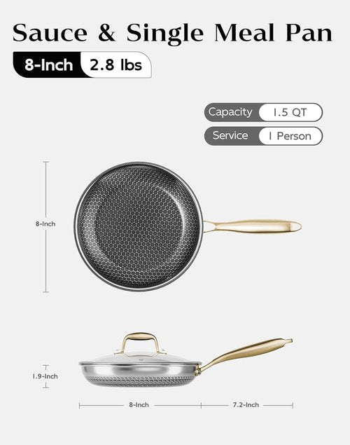 Honeycomb Stainless Steel Frying Pan - 8 Inch Nonstick Skillet with Lid, Induction Compatible, PFOA-Free