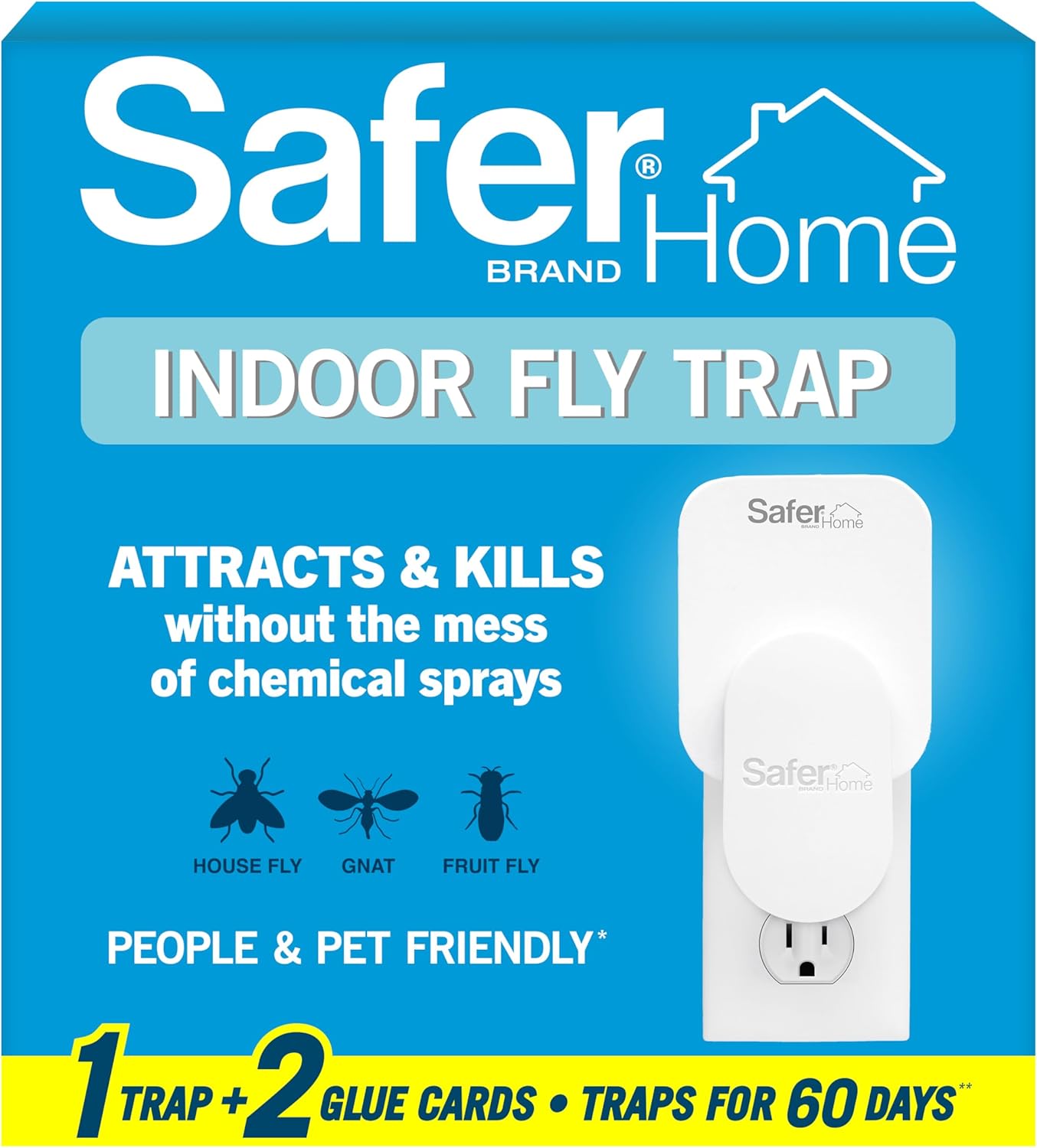 Safer Home Indoor Plug-In Fly Trap - Effective Gnat & Fruit Fly Control | Covers 400 Sq Ft - Includes 2 Glue Cards