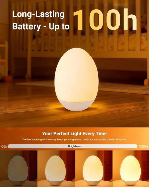 Egg Baby Night Light - Portable Touch Lamp with 7 RGB Colors & Stepless Dimming | BPA-Free Soft Silicone for Nursery & Breastfeeding