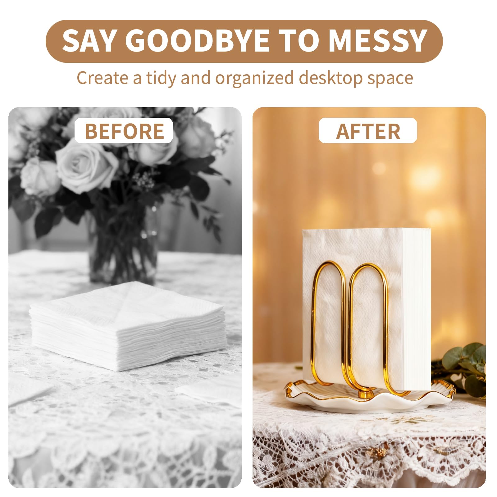 Modern Standing Napkin Holder for Table， Ceramic Gold Napkin Holders for Christmas Paper Napkins， Xmas Cocktail Tissue Dispenser,Servilleteros para Mesas for kitchen, dining, counter tops, outdoors