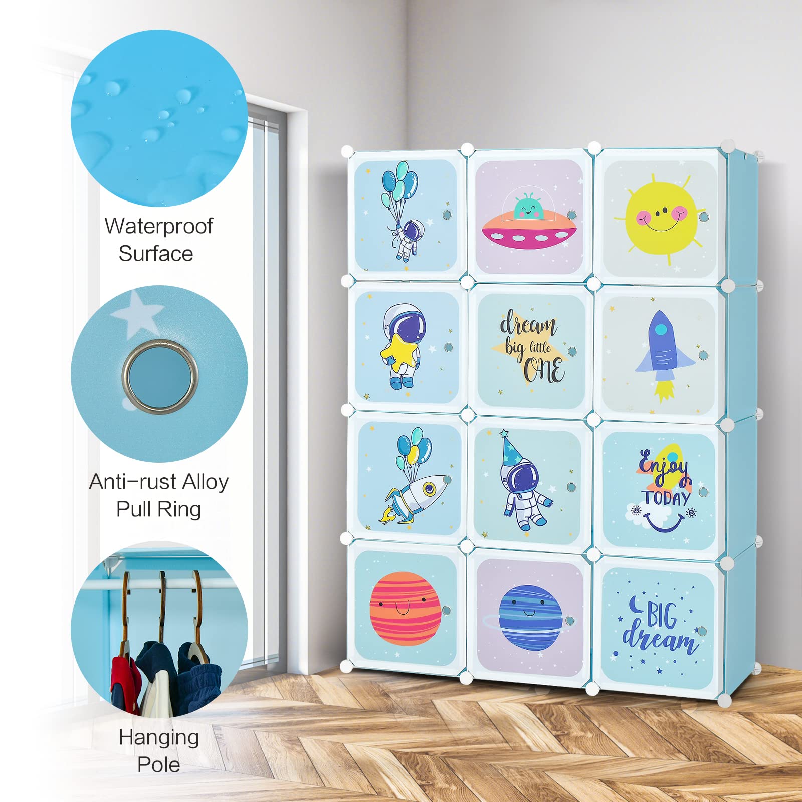 INFANS Children Wardrobe, Kid Closet Portable Baby Dresser Cute for Kids Bedroom Nursery Armoire with Doors 12 Cube 2 Hanging Sections, Kid Clothes Storage Organizer (Blue, 12 Cubes)
