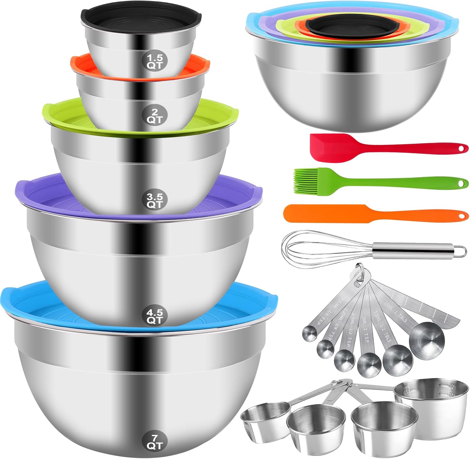 WEPSEN Mixing Bowls Set - 25PCS Stainless Steel Nesting Bowls with Lids & Measuring Tools for Baking and Cooking
