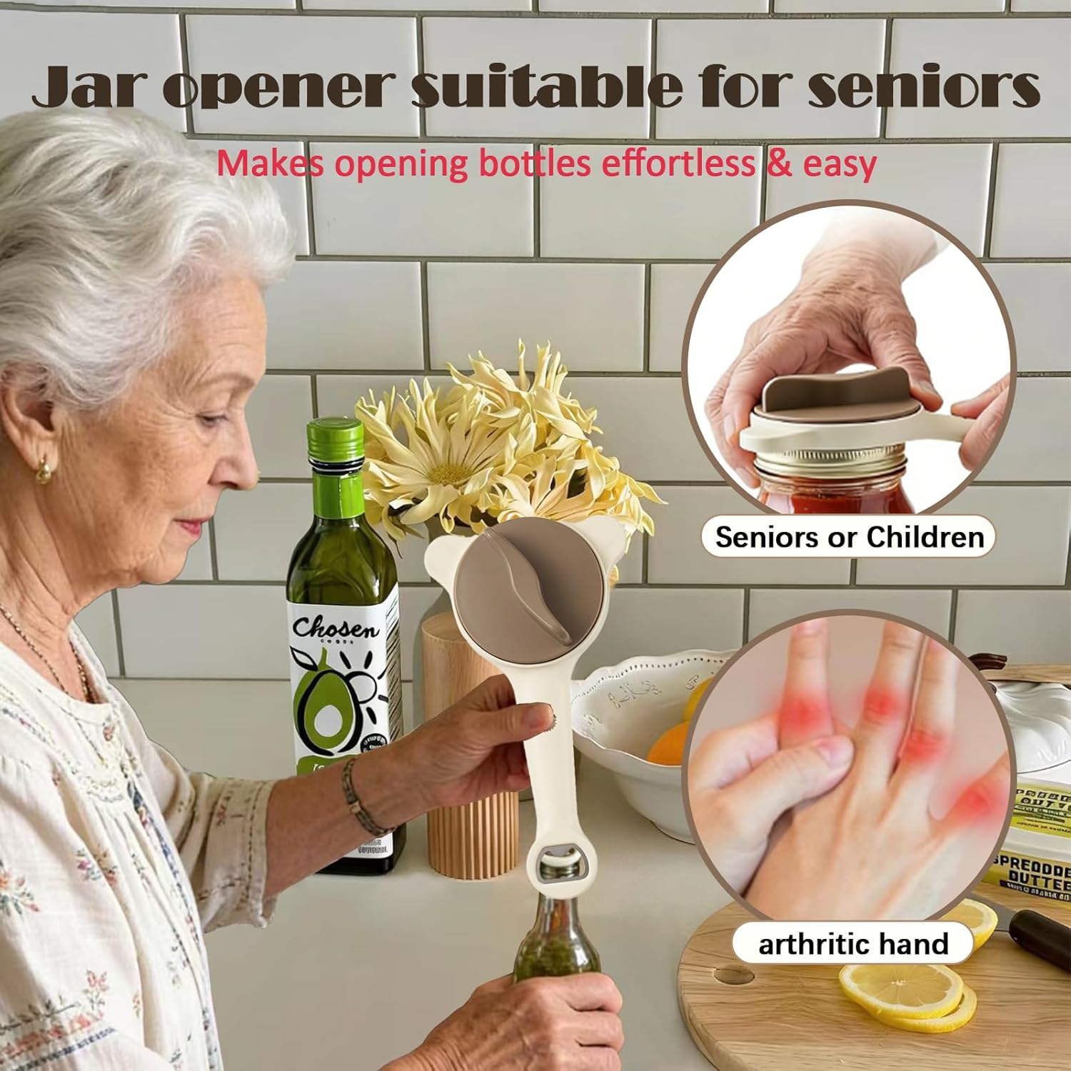 Skiennix Jar Opener - 4-in-1 Multi-Purpose Adjustable Stainless Steel Lid Remover for Seniors & Arthritis | Fits Kitchen Jars, Bottles & Cans