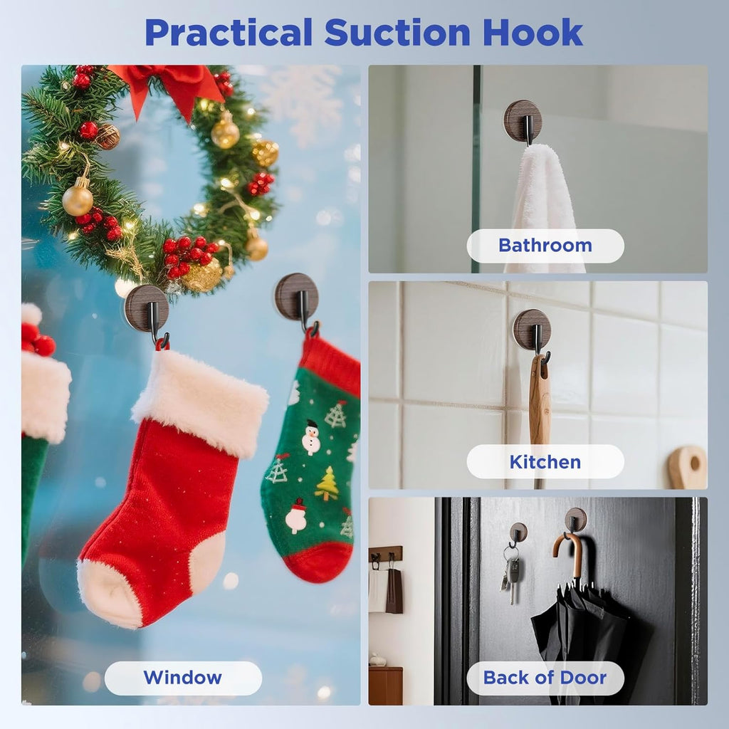 OUTXE Wreath Hanger - Upgraded Suction Cup Hook for Front Door & Glass Window | 4-Pack in Walnut