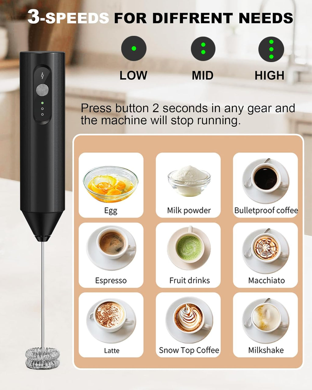 Skiennix 3-Speed Rechargeable Milk Frother - Dual Coil Handheld Whisk for Coffee, Matcha & Hot Chocolate | Portable Kitchen Gift in Black