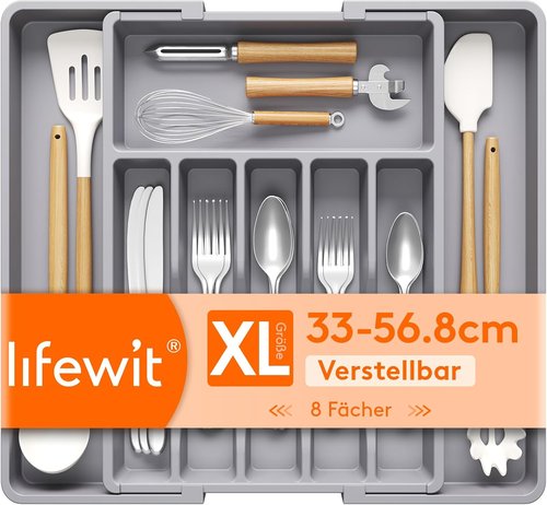 Lifewit Expandable Silverware Drawer Organizer - BPA-Free Utensil Tray for Kitchen | Adjustable Gray 33-57 x 42cm