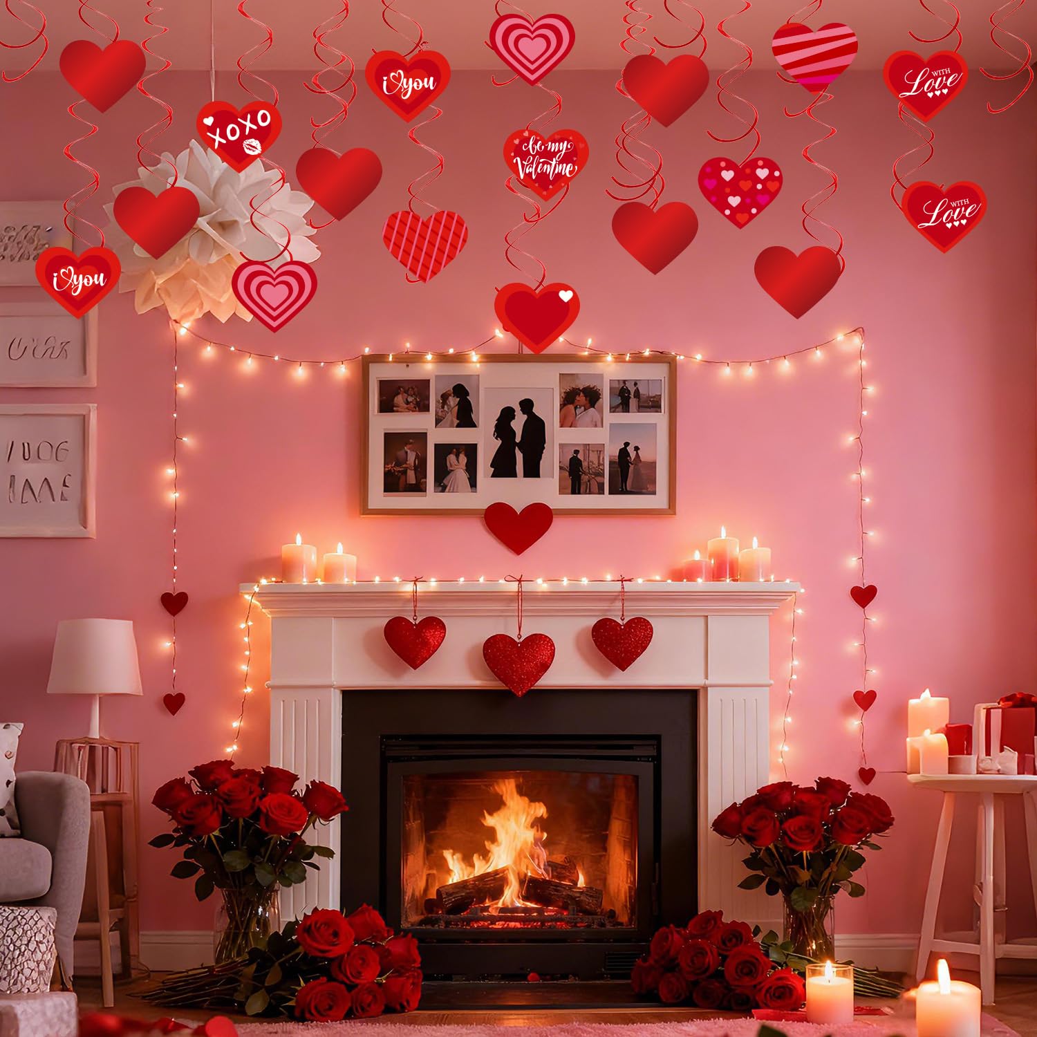 Valentine's Day Decorations-40 Pcs Hanging Swirls, Red Conversation Hearts Cards and Foil Double Swirls - Ceiling Hanging Decor for Valentine Party, Classroom, Home