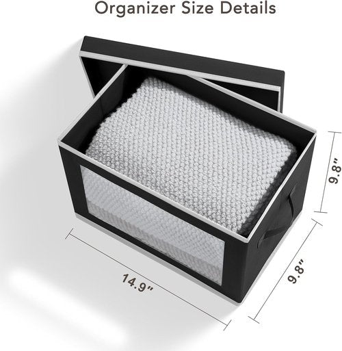 Homsorout Storage Boxes - 5 Pack Foldable Clear Window Bins with Handles | Large Black Storage Containers for Clothes, Towels, and Blankets