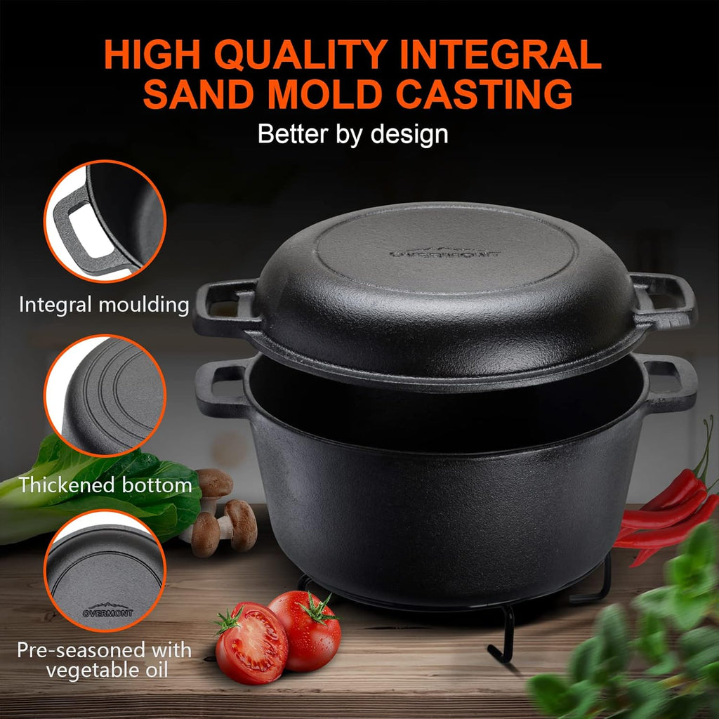 Overmont 5QT Pre-Seasoned Cast Iron Dutch Oven - Versatile All-in-One Casserole & Skillet with Cookbook