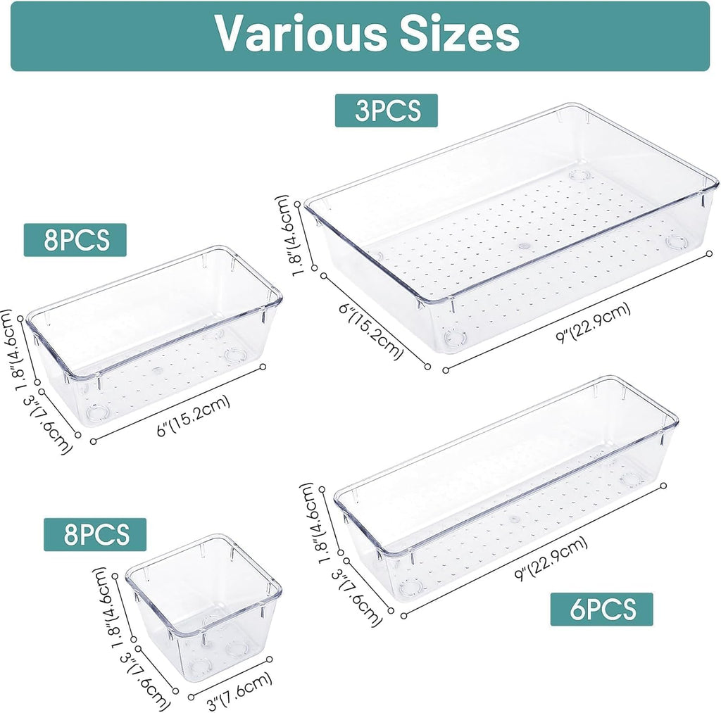 WOWBOX 25 PCS Clear Plastic Drawer Organizer Set - Versatile Dividers for Makeup, Jewelry & Gadgets | 4 Sizes