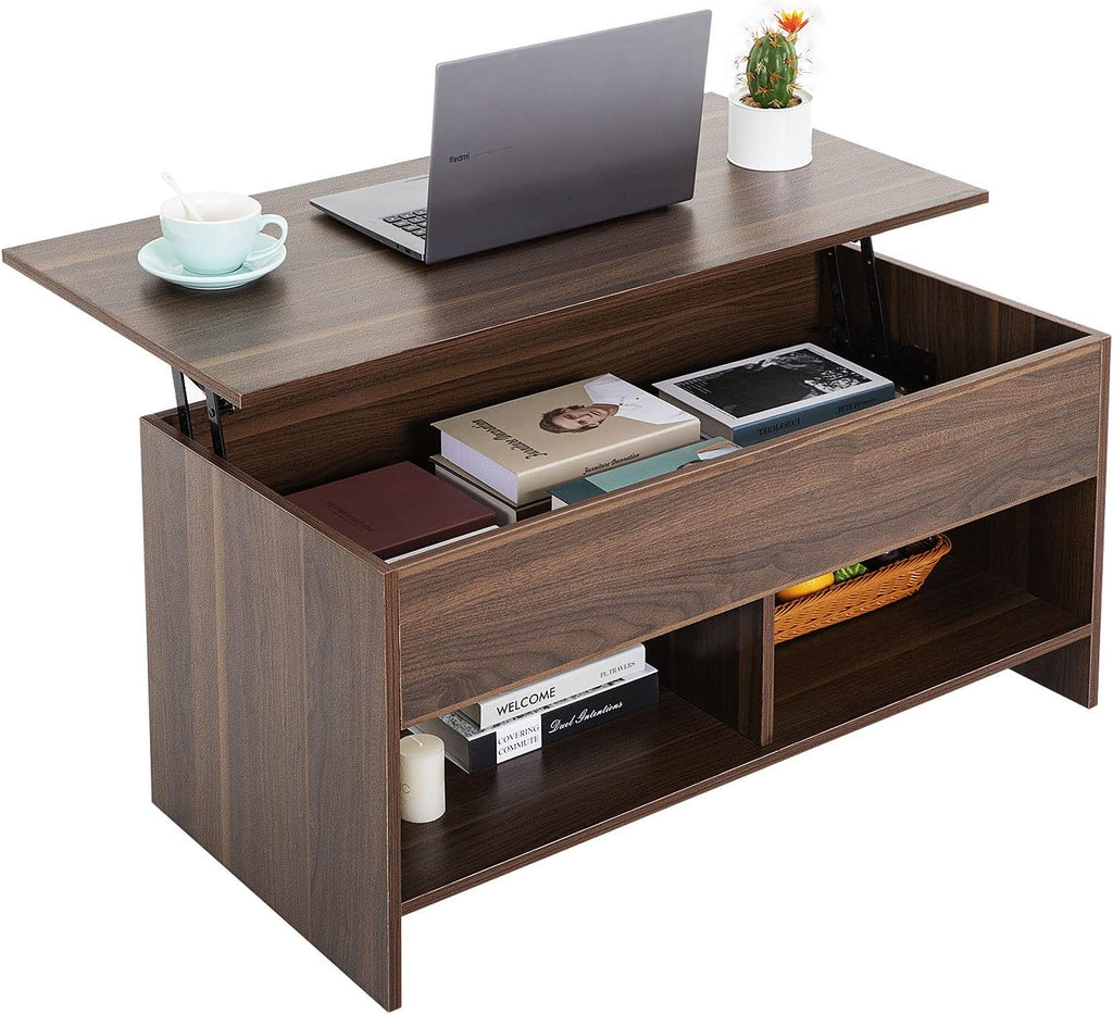 Skiennix Lift Top Coffee Table - Modern Pop-Up Design with Hidden Compartment & Storage Shelf | Brown