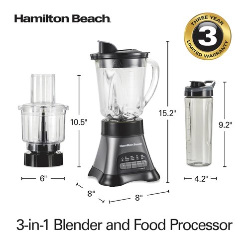 Hamilton Beach Blender and Food Processor Combo for Shakes & Smoothies, With 3 Cup Electric Food Chopper Attachment, 40 oz Glass Jar, Blender Travel Cup, 700 Watts Peak Power, Gray & Black (58163)