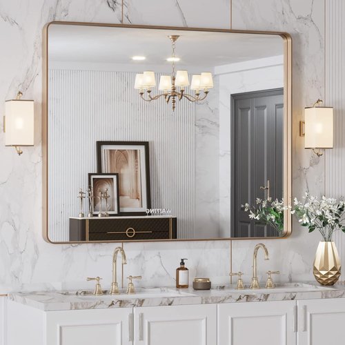 LOAAO Gold Bathroom Mirror - Rounded Rectangle Design | Anti-Rust Tempered Glass, 40" x 32" Size, Wall-Mounted