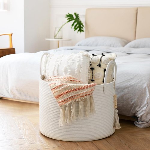 Goodpick Large Laundry Basket - Decorative White Rope Hamper for Blankets & Baby Storage | 17.7 x 12.6 Inches