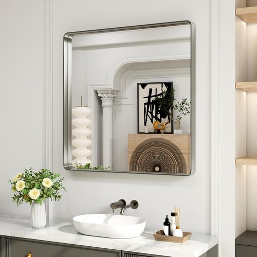 LOAAO Brushed Nickel Bathroom Mirror - 30x30 Inch Rounded Rectangle Design | Anti-Rust & Shatter-Proof