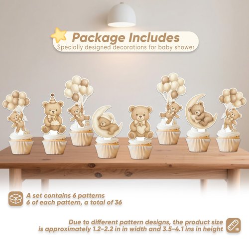 JoviyoFy 36 Pcs Bear Cupcake Toppers, Brown Bear Baby Shower Decorations, We Can Bearly Wait Cake Topper for Gender Reveal Party Supplies