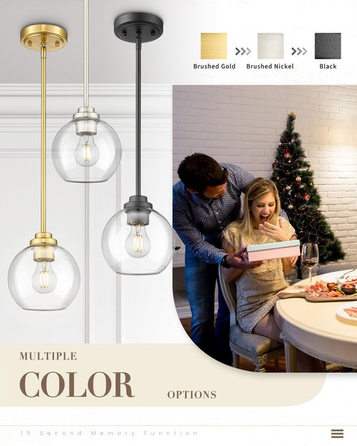 JAZAVA Modern Polished Gold Pendant Light, 7Inch Mid Cenrury Globe Hanging Light Fixture with Clear Glass for Kitchen Island Dining Room Bedroom Hallway Foyer (1 Pack), PL101BG