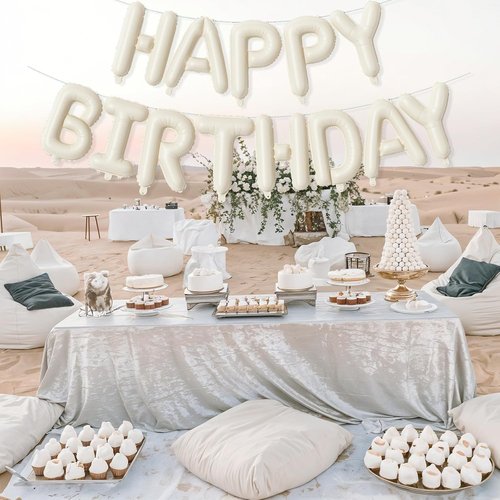Happy Birthday Balloon Banner by Cream - Neutral Beige Foil Balloons | 16 Inch Ivory White Bunting for Party Decor