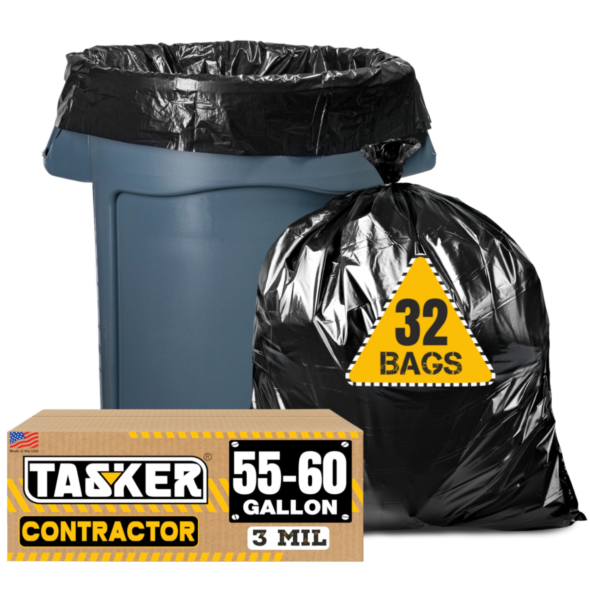 Tasker Contractor Garbage Bags 55 Gallon 3 Mil Heavy Duty (32 Bags w/Ties) 60 Gal Contractor Bags 3 Mil. 55 Gallon Heavy Duty X-Large Black Trash Bags 50 Gal,