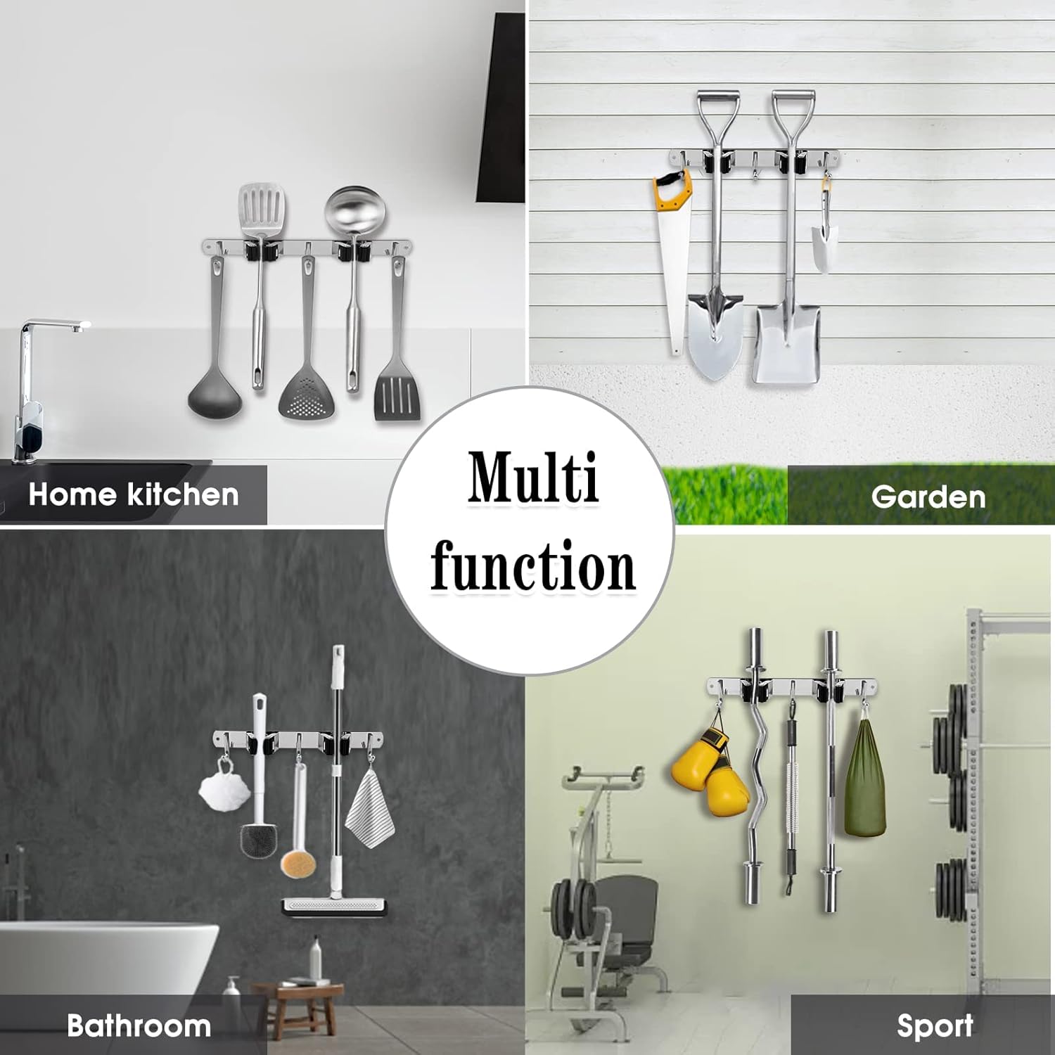 Skiennix Wall-Mounted Broom and Mop Holder | Heavy-Duty Stainless Steel Organizer with 2 Racks & 3 Hooks