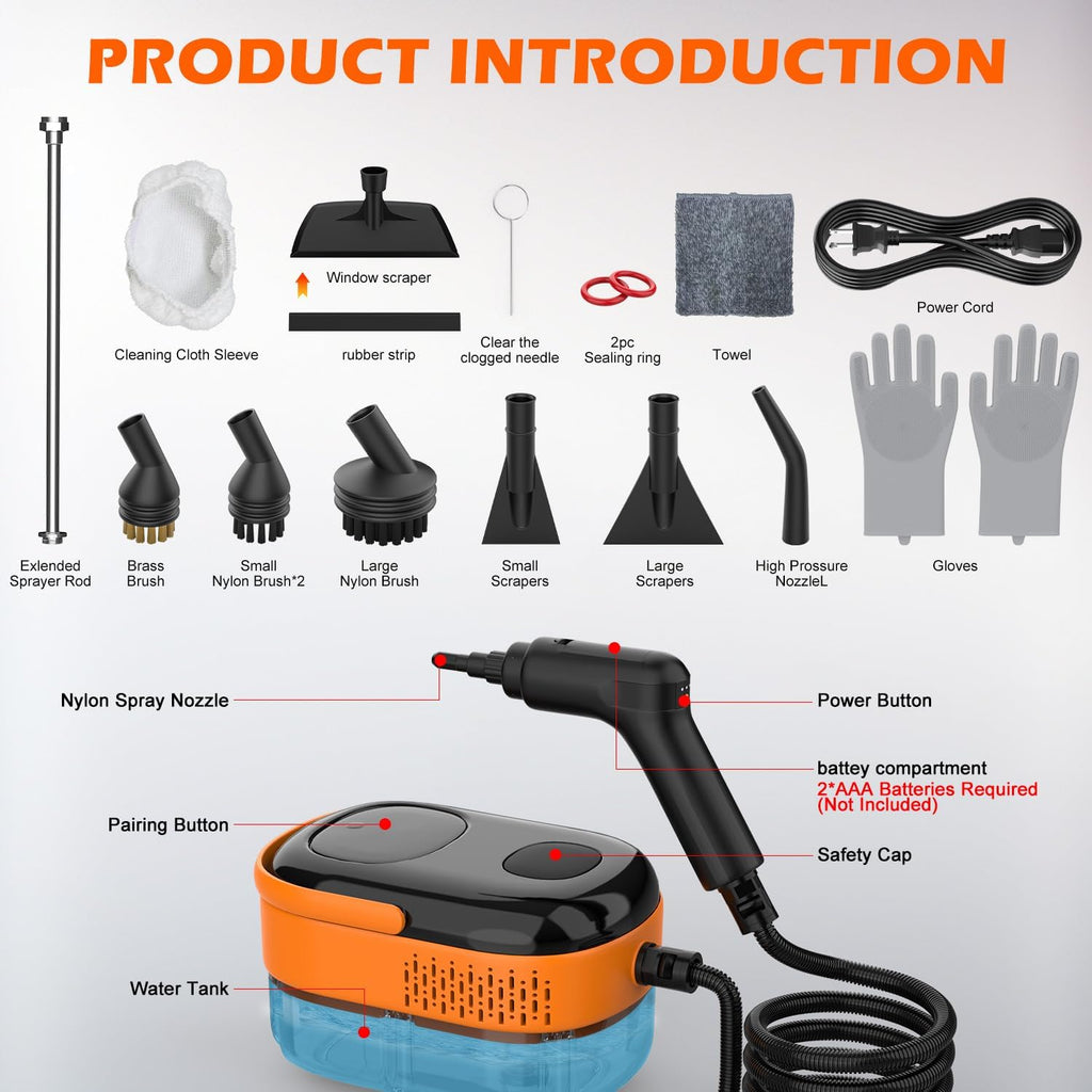 Skiennix Steam Cleaner - Portable Handheld Steamer with 15s Heat-Up, Large Tank & 16 Accessories for Home & Car Cleaning