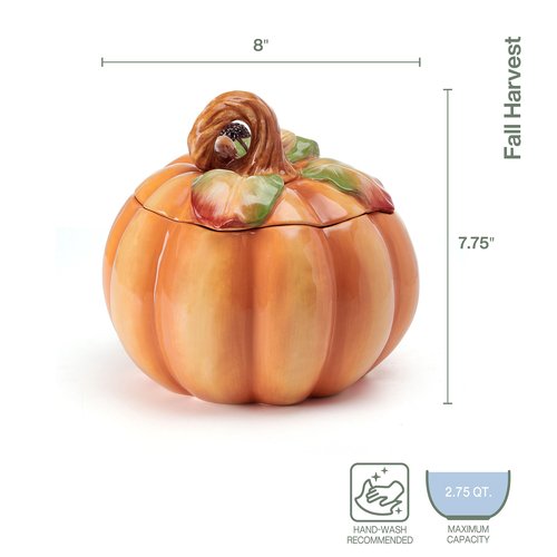 Fitz and Floyd Fall Harvest Pumpkin Cookie Jar Ceramic Figurine, 8 inch
