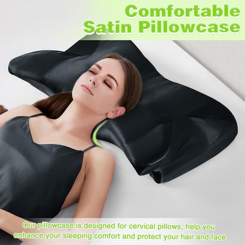 Eychei 2 Pcs Satin Pillowcase for Cervical Pillow, Black Silky Cervical Pillow Case Contour Pillow Case Cover with Zipper, Smooth Ergonomic Pillowcase for Neck Pillow Cover