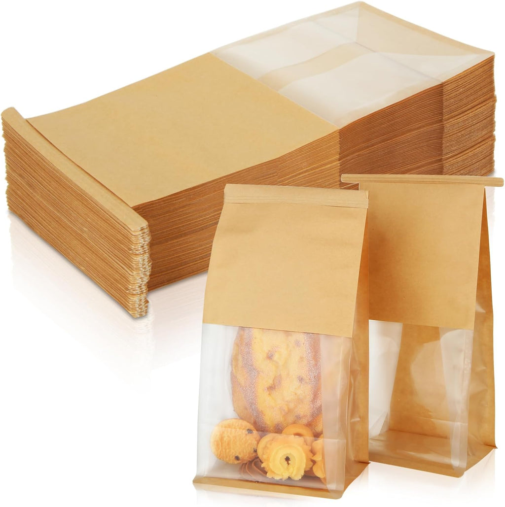 Skiennix 150PCS Bakery Bags - Windowed Kraft Paper Cookie Bags for Treats | 5.1 x 4.3 x 11.2 Inch