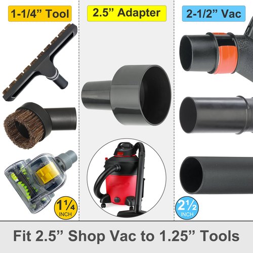 Hardwood Brush Vacuum Attachment for 1 1/4" 2 1/2" Shopvac Wet Dry Vacs, Horsehair Bristles Parquet Nozzle, 12" Shop Vac Floorhead Accessory (1.25" Hard Floor Head & 2.5" Vac Hose Adapter)