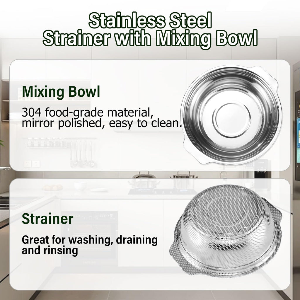 Extra Large 5.5QT Stainless Steel Colander, Large Capacity Rice Colander with Mixing Bowl, Rice Strainer for Vegetables, Fruit, Spaghetti, Pasta Strainer, Dishwasher Safe(2PC)