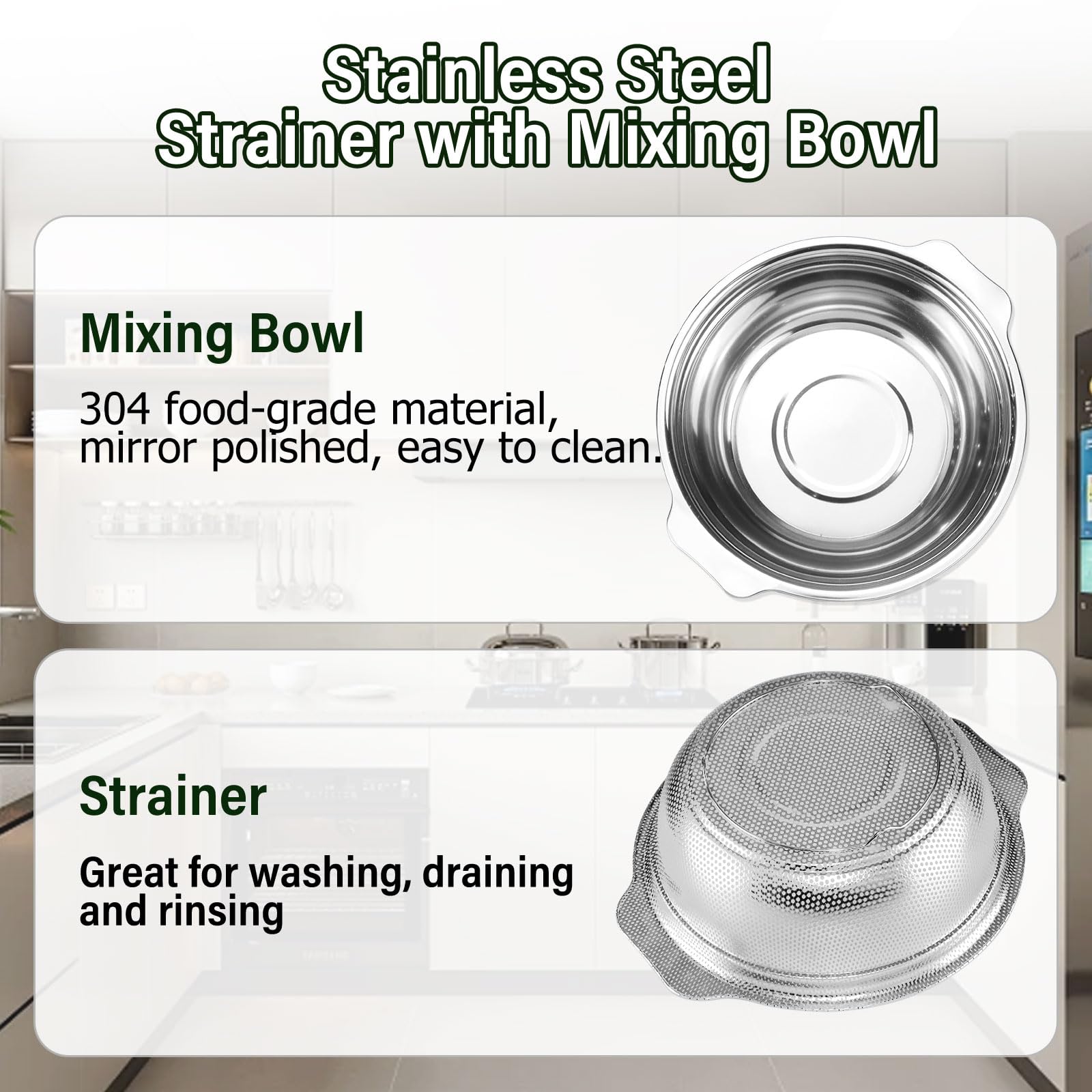 Extra Large 5.5QT Stainless Steel Colander, Large Capacity Rice Colander with Mixing Bowl, Rice Strainer for Vegetables, Fruit, Spaghetti, Pasta Strainer, Dishwasher Safe(2PC)