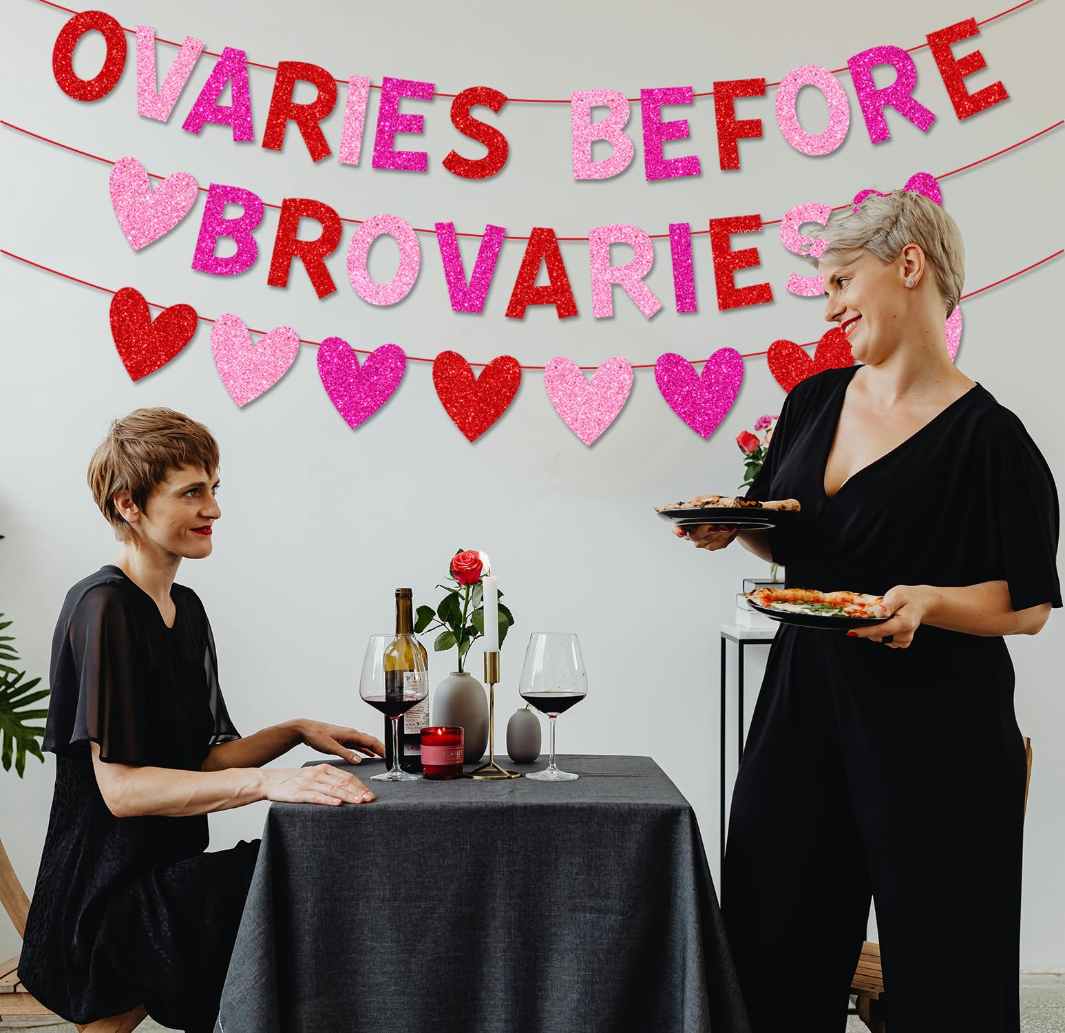 YEIRFYY Glitter Ovaries Before Brovaries Banner with Red Pink Rose Red Hearts Happy Galentine’s Day Banner for Fireplace Wall Girl Lady Galentines Day Valentines Day Party Decorations