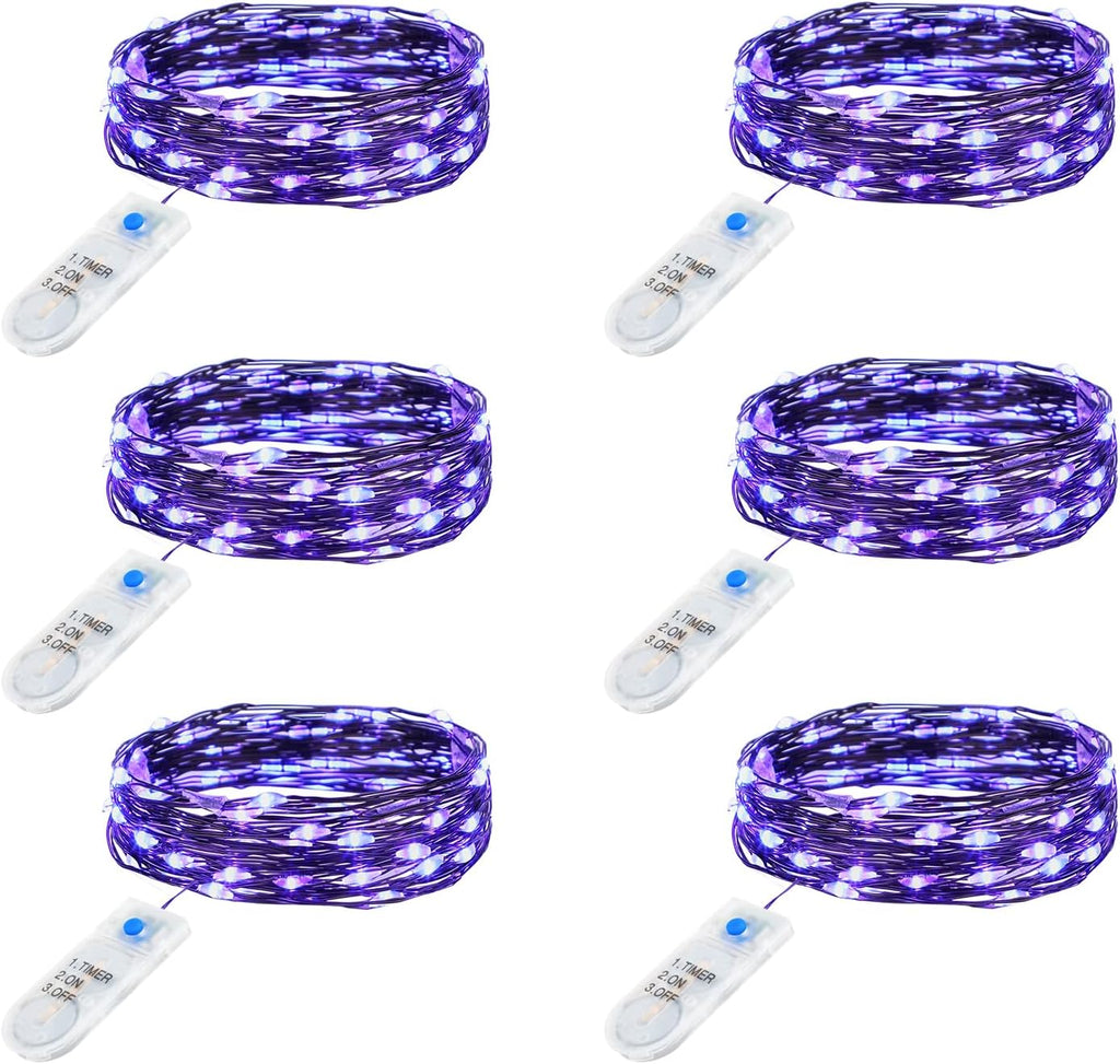 Minetom 6 Pack Purple Fairy Lights - 7ft Battery Operated Waterproof LED String Lights for Halloween Decor & Crafts