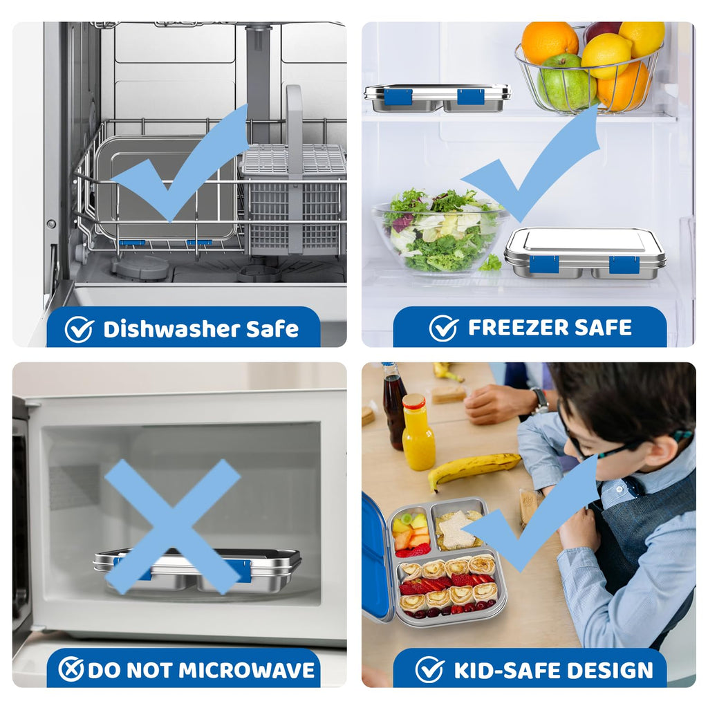 TOURPOR Stainless Steel Bento Box for Kids 1000ml - 3 Compartment Lunch Box for Adults, Leakproof Food Container, BPA-Free Metal Lunch Box with Silicone Seal, Eco-Friendly/Dishwasher Safe (Blue)