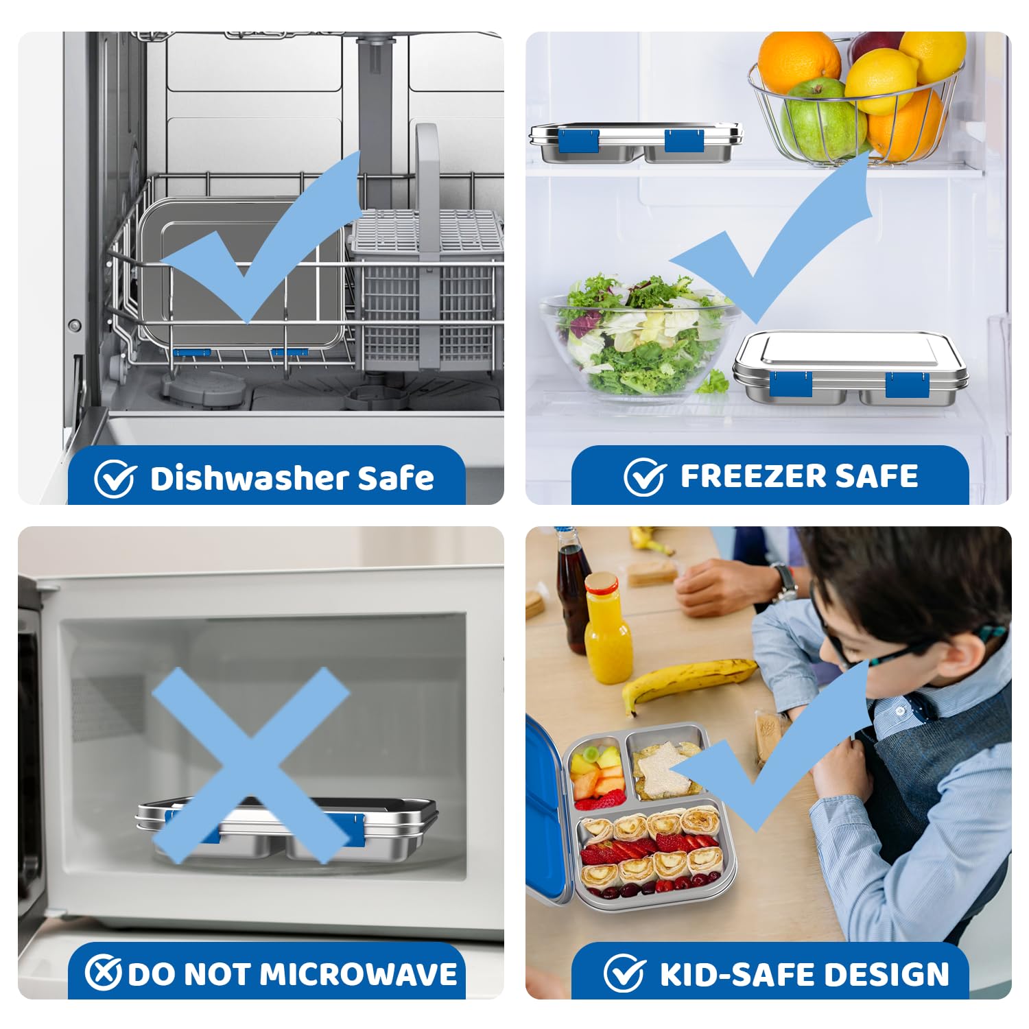 TOURPOR Stainless Steel Bento Box for Kids 1000ml - 3 Compartment Lunch Box for Adults, Leakproof Food Container, BPA-Free Metal Lunch Box with Silicone Seal, Eco-Friendly/Dishwasher Safe (Blue)